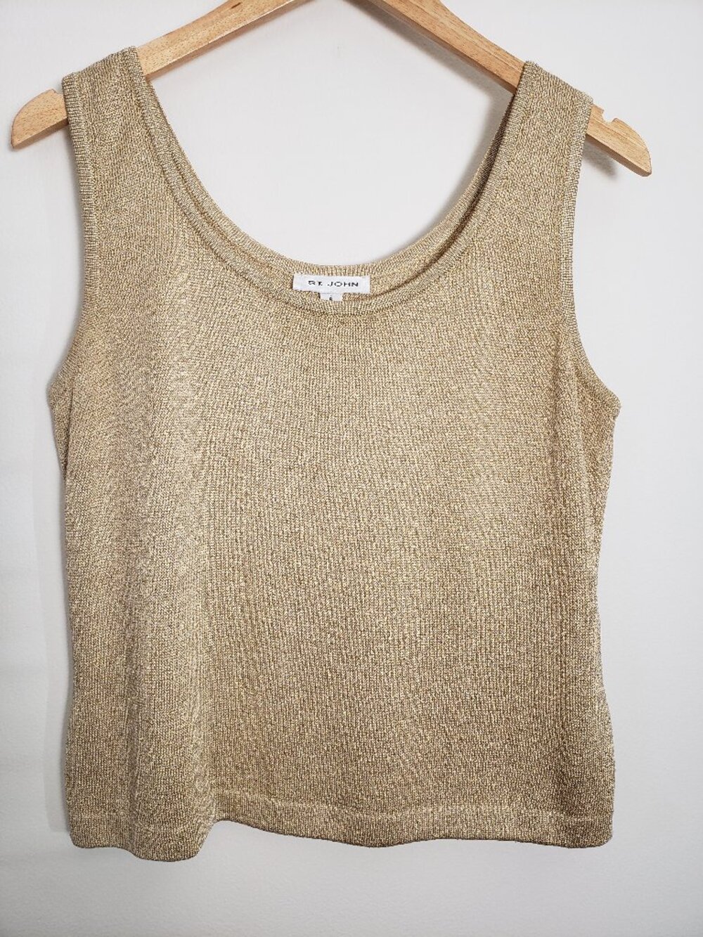 ST. JOHN Small Tan / Beige & Gold Metallic Knit Tank Top Shirt